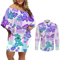 Vintage Hawaii Couples Matching Off Shoulder Short Dress and Long Sleeve Button Shirt Hibiscus Tapa Tribal With Hawaiian Quilt Pattern Purple LT9 - Wonder Print Shop