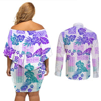 Vintage Hawaii Couples Matching Off Shoulder Short Dress and Long Sleeve Button Shirt Hibiscus Tapa Tribal With Hawaiian Quilt Pattern Purple LT9 - Wonder Print Shop