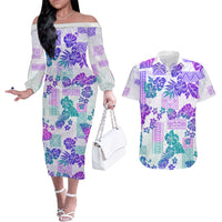 Vintage Hawaii Couples Matching Off The Shoulder Long Sleeve Dress and Hawaiian Shirt Hibiscus Tapa Tribal With Hawaiian Quilt Pattern Purple LT9 - Wonder Print Shop
