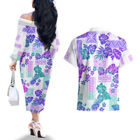 Vintage Hawaii Couples Matching Off The Shoulder Long Sleeve Dress and Hawaiian Shirt Hibiscus Tapa Tribal With Hawaiian Quilt Pattern Purple LT9 - Wonder Print Shop