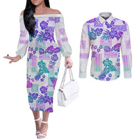 vintage-hawaii-couples-matching-off-the-shoulder-long-sleeve-dress-and-long-sleeve-button-shirt-hibiscus-tapa-tribal-with-hawaiian-quilt-pattern-purple
