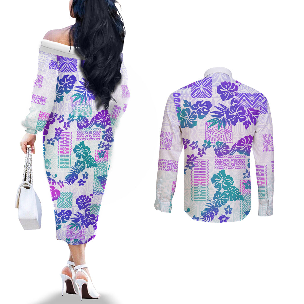 vintage-hawaii-couples-matching-off-the-shoulder-long-sleeve-dress-and-long-sleeve-button-shirt-hibiscus-tapa-tribal-with-hawaiian-quilt-pattern-purple
