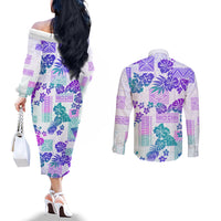 vintage-hawaii-couples-matching-off-the-shoulder-long-sleeve-dress-and-long-sleeve-button-shirt-hibiscus-tapa-tribal-with-hawaiian-quilt-pattern-purple