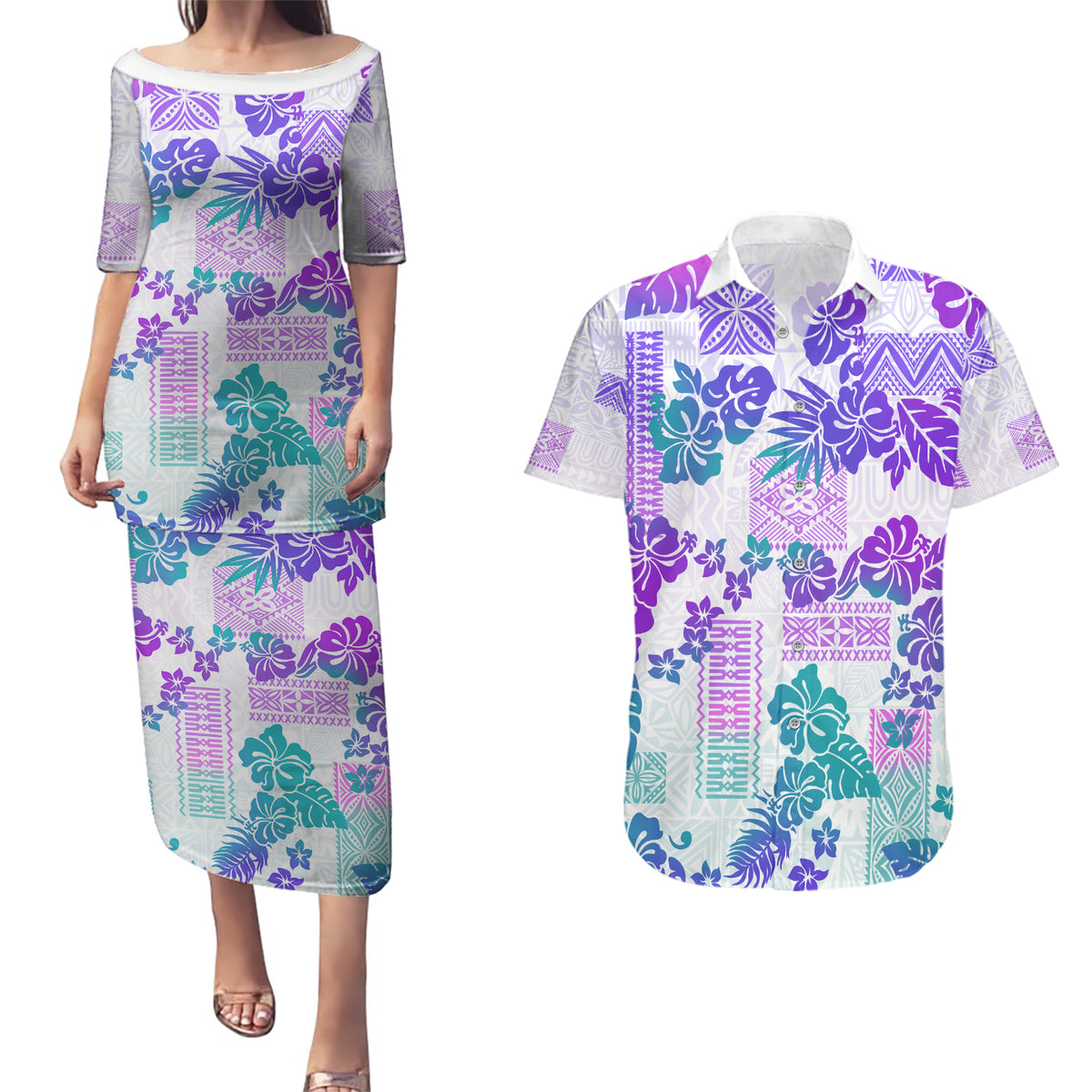 Vintage Hawaii Couples Matching Puletasi Dress and Hawaiian Shirt Hibiscus Tapa Tribal With Hawaiian Quilt Pattern Purple LT9 - Wonder Print Shop