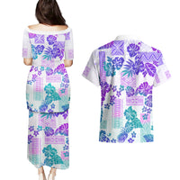 Vintage Hawaii Couples Matching Puletasi Dress and Hawaiian Shirt Hibiscus Tapa Tribal With Hawaiian Quilt Pattern Purple LT9 - Wonder Print Shop