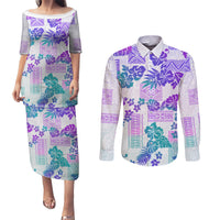 Vintage Hawaii Couples Matching Puletasi Dress and Long Sleeve Button Shirt Hibiscus Tapa Tribal With Hawaiian Quilt Pattern Purple LT9 - Wonder Print Shop