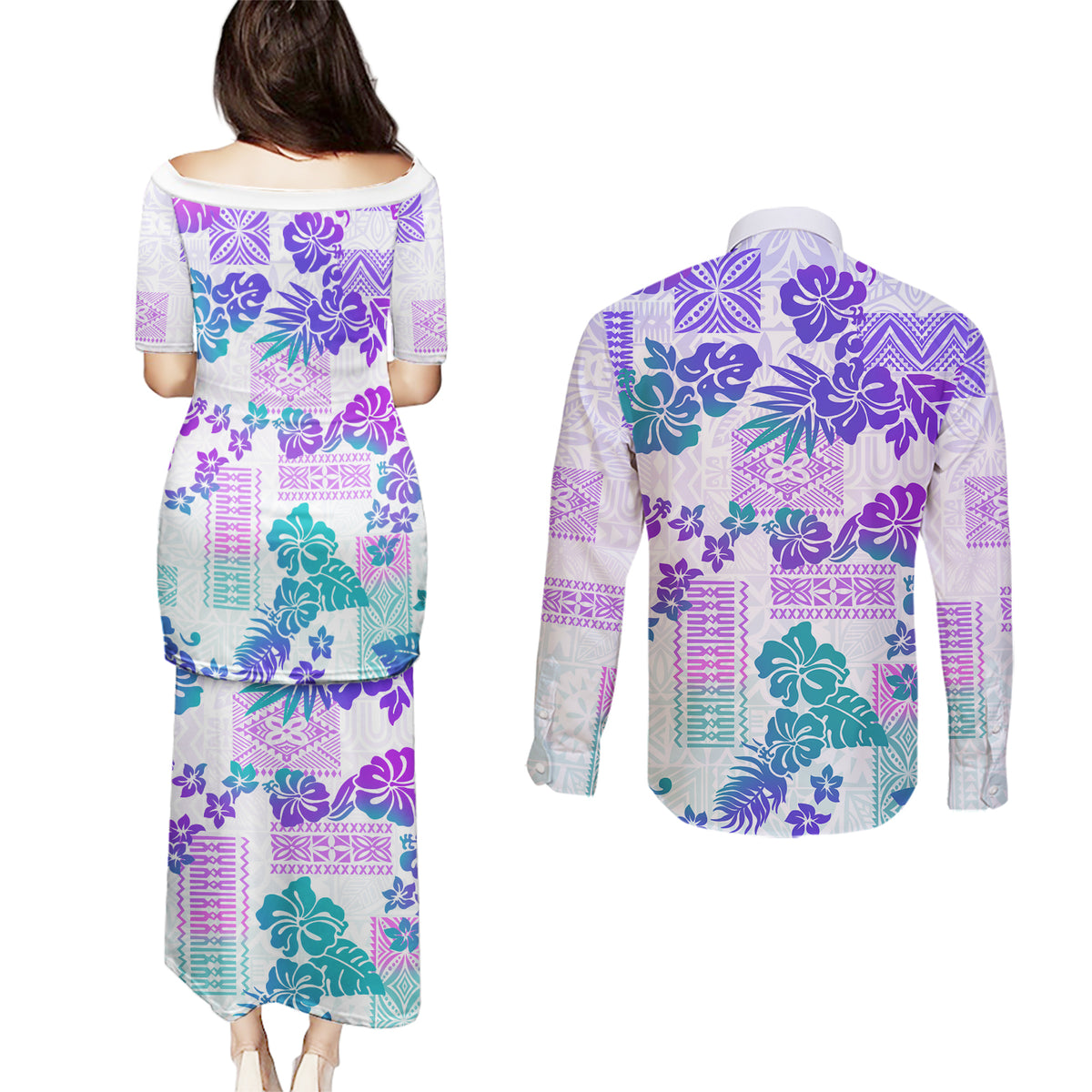Vintage Hawaii Couples Matching Puletasi Dress and Long Sleeve Button Shirt Hibiscus Tapa Tribal With Hawaiian Quilt Pattern Purple LT9 - Wonder Print Shop