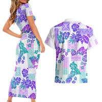 Vintage Hawaii Couples Matching Short Sleeve Bodycon Dress and Hawaiian Shirt Hibiscus Tapa Tribal With Hawaiian Quilt Pattern Purple LT9 - Wonder Print Shop