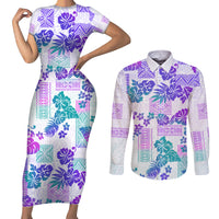 Vintage Hawaii Couples Matching Short Sleeve Bodycon Dress and Long Sleeve Button Shirt Hibiscus Tapa Tribal With Hawaiian Quilt Pattern Purple LT9 - Wonder Print Shop