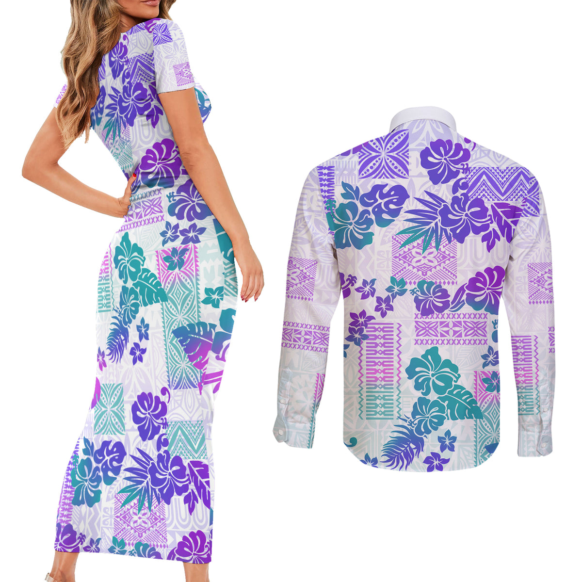 Vintage Hawaii Couples Matching Short Sleeve Bodycon Dress and Long Sleeve Button Shirt Hibiscus Tapa Tribal With Hawaiian Quilt Pattern Purple LT9 - Wonder Print Shop