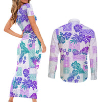 Vintage Hawaii Couples Matching Short Sleeve Bodycon Dress and Long Sleeve Button Shirt Hibiscus Tapa Tribal With Hawaiian Quilt Pattern Purple LT9 - Wonder Print Shop