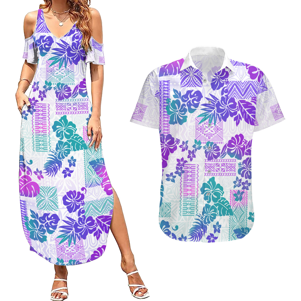 Vintage Hawaii Couples Matching Summer Maxi Dress and Hawaiian Shirt Hibiscus Tapa Tribal With Hawaiian Quilt Pattern Purple LT9 - Wonder Print Shop