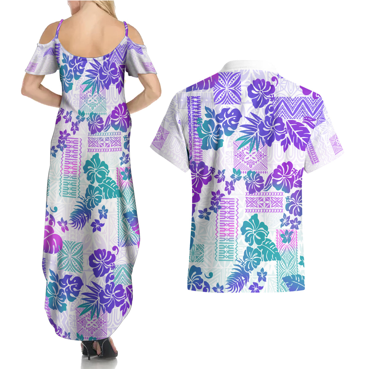 Vintage Hawaii Couples Matching Summer Maxi Dress and Hawaiian Shirt Hibiscus Tapa Tribal With Hawaiian Quilt Pattern Purple LT9 - Wonder Print Shop