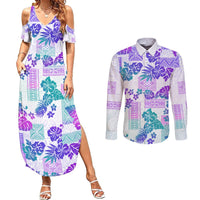 Vintage Hawaii Couples Matching Summer Maxi Dress and Long Sleeve Button Shirt Hibiscus Tapa Tribal With Hawaiian Quilt Pattern Purple LT9 - Wonder Print Shop