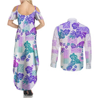 Vintage Hawaii Couples Matching Summer Maxi Dress and Long Sleeve Button Shirt Hibiscus Tapa Tribal With Hawaiian Quilt Pattern Purple LT9 - Wonder Print Shop