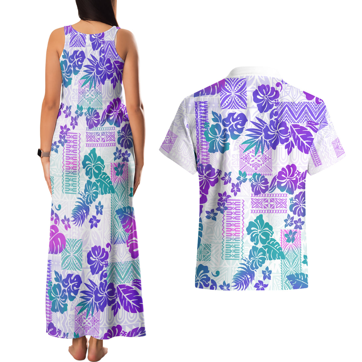 Vintage Hawaii Couples Matching Tank Maxi Dress and Hawaiian Shirt Hibiscus Tapa Tribal With Hawaiian Quilt Pattern Purple LT9 - Wonder Print Shop