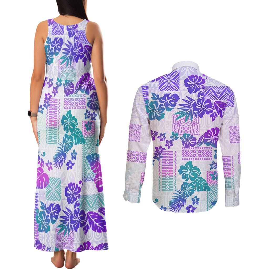 Vintage Hawaii Couples Matching Tank Maxi Dress and Long Sleeve Button Shirt Hibiscus Tapa Tribal With Hawaiian Quilt Pattern Purple LT9 - Wonder Print Shop