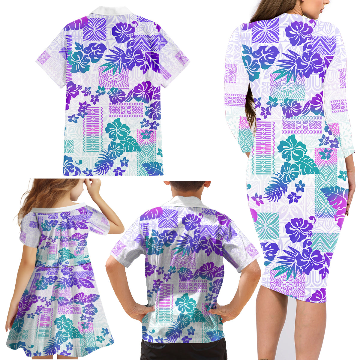Vintage Hawaii Family Matching Long Sleeve Bodycon Dress and Hawaiian Shirt Hibiscus Tapa Tribal With Hawaiian Quilt Pattern Purple LT9 - Wonder Print Shop