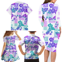 Vintage Hawaii Family Matching Long Sleeve Bodycon Dress and Hawaiian Shirt Hibiscus Tapa Tribal With Hawaiian Quilt Pattern Purple LT9 - Wonder Print Shop
