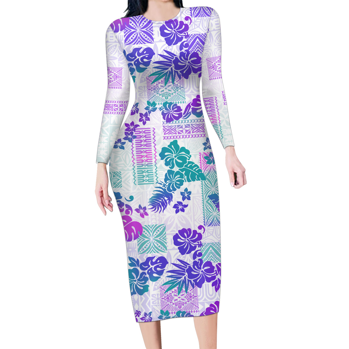Vintage Hawaii Family Matching Long Sleeve Bodycon Dress and Hawaiian Shirt Hibiscus Tapa Tribal With Hawaiian Quilt Pattern Purple LT9 - Wonder Print Shop