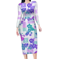 Vintage Hawaii Family Matching Long Sleeve Bodycon Dress and Hawaiian Shirt Hibiscus Tapa Tribal With Hawaiian Quilt Pattern Purple LT9 - Wonder Print Shop