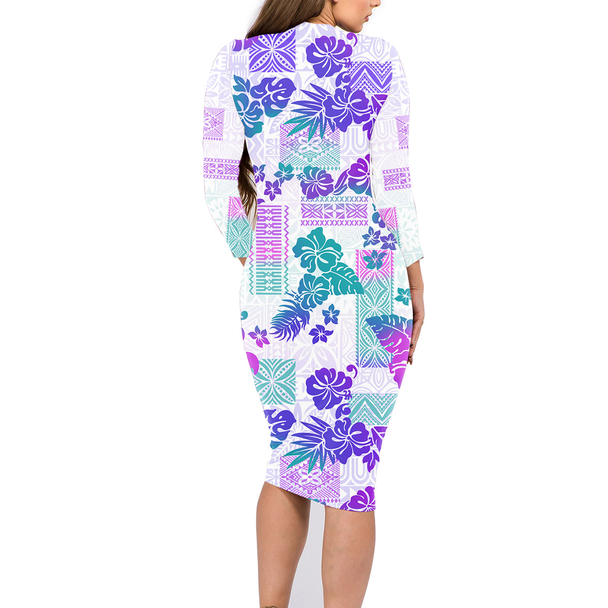 Vintage Hawaii Family Matching Long Sleeve Bodycon Dress and Hawaiian Shirt Hibiscus Tapa Tribal With Hawaiian Quilt Pattern Purple LT9 - Wonder Print Shop