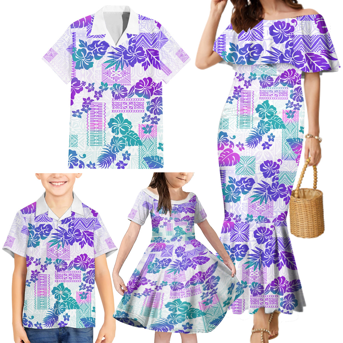 Vintage Hawaii Family Matching Mermaid Dress and Hawaiian Shirt Hibiscus Tapa Tribal With Hawaiian Quilt Pattern Purple LT9 - Wonder Print Shop