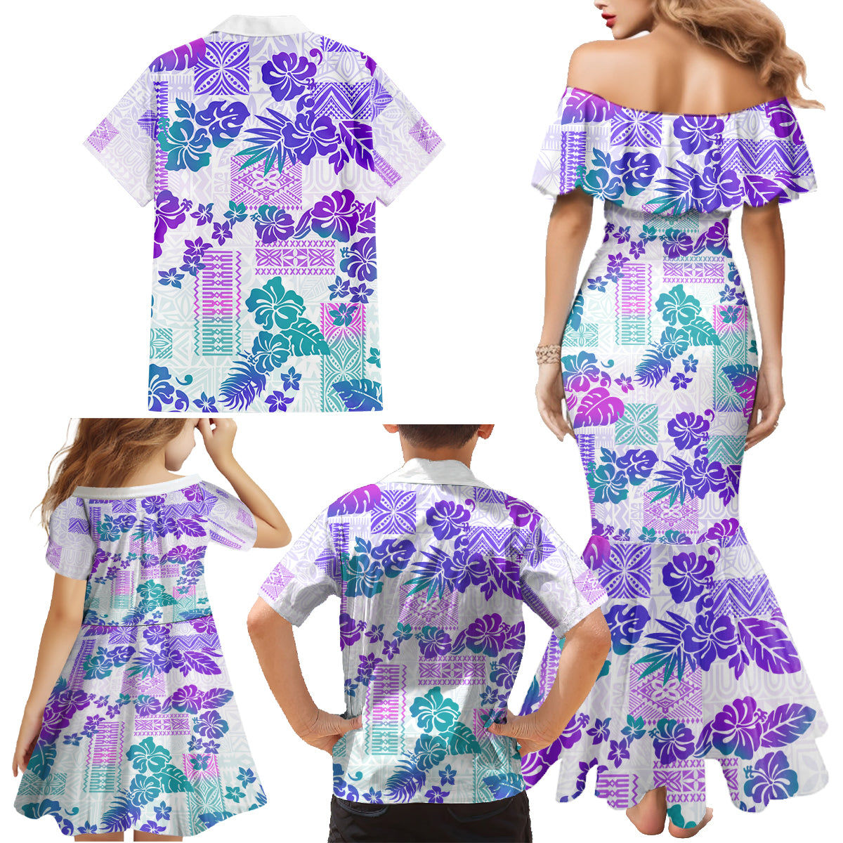 Vintage Hawaii Family Matching Mermaid Dress and Hawaiian Shirt Hibiscus Tapa Tribal With Hawaiian Quilt Pattern Purple LT9 - Wonder Print Shop