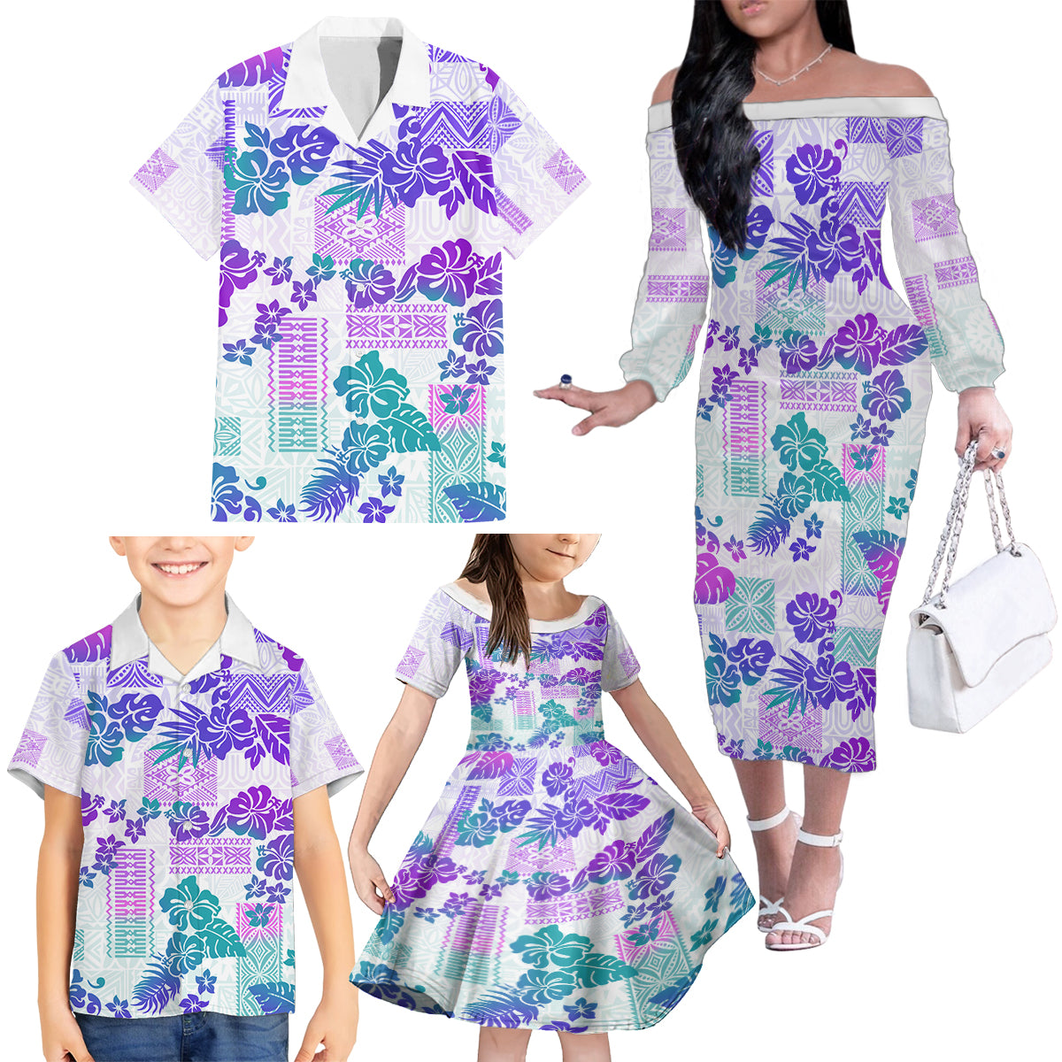 Vintage Hawaii Family Matching Off Shoulder Long Sleeve Dress and Hawaiian Shirt Hibiscus Tapa Tribal With Hawaiian Quilt Pattern Purple - Wonder Print Shop