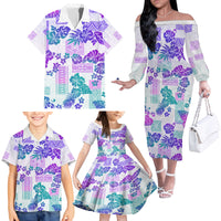 Vintage Hawaii Family Matching Off Shoulder Long Sleeve Dress and Hawaiian Shirt Hibiscus Tapa Tribal With Hawaiian Quilt Pattern Purple - Wonder Print Shop