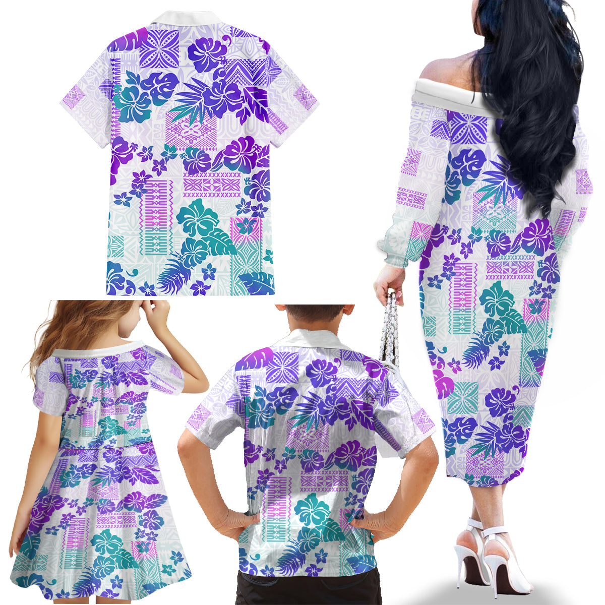 Vintage Hawaii Family Matching Off Shoulder Long Sleeve Dress and Hawaiian Shirt Hibiscus Tapa Tribal With Hawaiian Quilt Pattern Purple - Wonder Print Shop