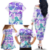 Vintage Hawaii Family Matching Off Shoulder Long Sleeve Dress and Hawaiian Shirt Hibiscus Tapa Tribal With Hawaiian Quilt Pattern Purple - Wonder Print Shop