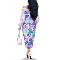 Vintage Hawaii Family Matching Off Shoulder Long Sleeve Dress and Hawaiian Shirt Hibiscus Tapa Tribal With Hawaiian Quilt Pattern Purple - Wonder Print Shop
