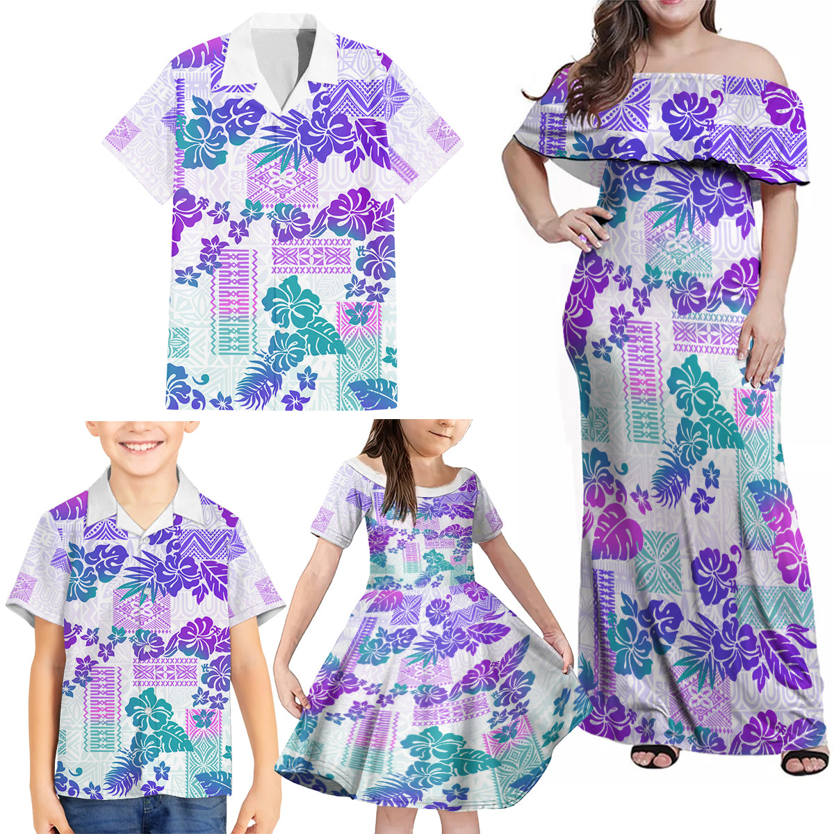 Vintage Hawaii Family Matching Off Shoulder Maxi Dress and Hawaiian Shirt Hibiscus Tapa Tribal With Hawaiian Quilt Pattern Purple LT9 - Wonder Print Shop