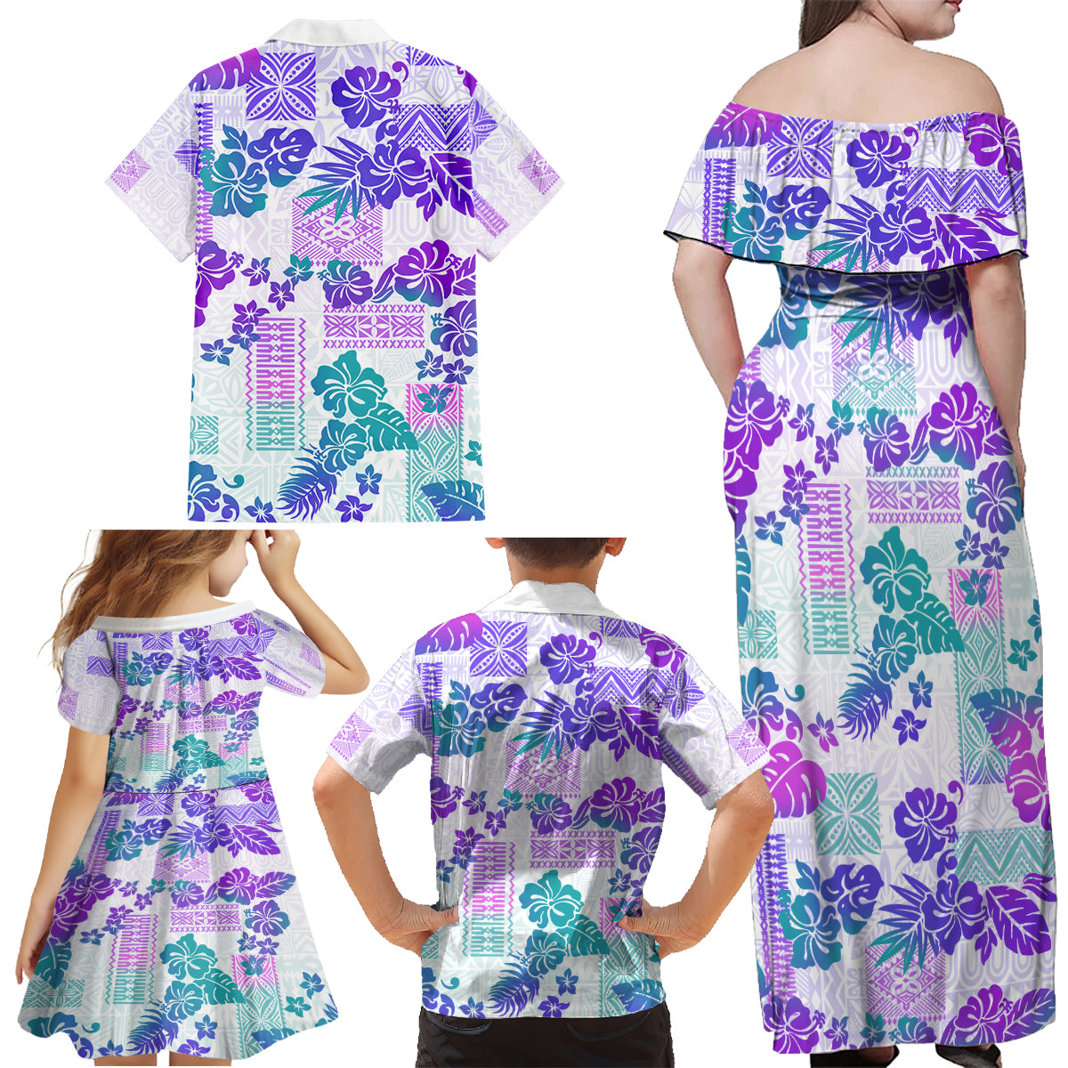 Vintage Hawaii Family Matching Off Shoulder Maxi Dress and Hawaiian Shirt Hibiscus Tapa Tribal With Hawaiian Quilt Pattern Purple LT9 - Wonder Print Shop