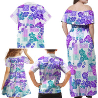 Vintage Hawaii Family Matching Off Shoulder Maxi Dress and Hawaiian Shirt Hibiscus Tapa Tribal With Hawaiian Quilt Pattern Purple LT9 - Wonder Print Shop