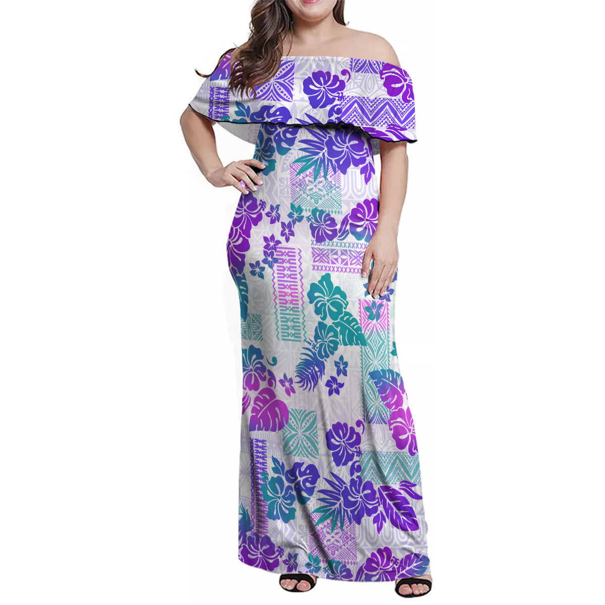 Vintage Hawaii Family Matching Off Shoulder Maxi Dress and Hawaiian Shirt Hibiscus Tapa Tribal With Hawaiian Quilt Pattern Purple LT9 - Wonder Print Shop