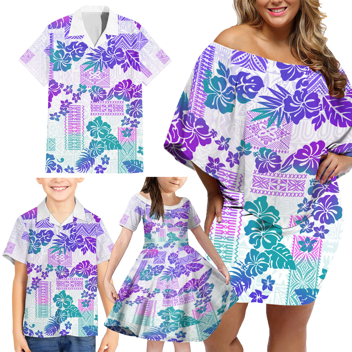 Vintage Hawaii Family Matching Off Shoulder Short Dress and Hawaiian Shirt Hibiscus Tapa Tribal With Hawaiian Quilt Pattern Purple LT9 - Wonder Print Shop