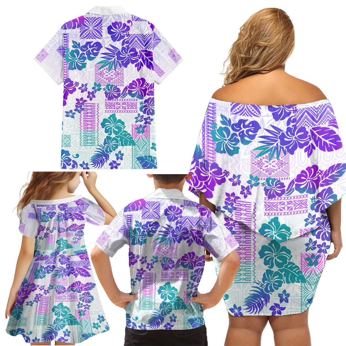 Vintage Hawaii Family Matching Off Shoulder Short Dress and Hawaiian Shirt Hibiscus Tapa Tribal With Hawaiian Quilt Pattern Purple LT9 - Wonder Print Shop