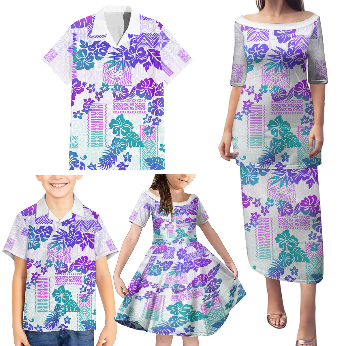 Vintage Hawaii Family Matching Puletasi Dress and Hawaiian Shirt Hibiscus Tapa Tribal With Hawaiian Quilt Pattern Purple - Wonder Print Shop