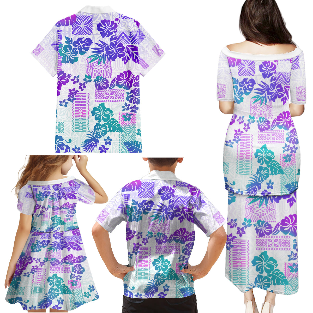 Vintage Hawaii Family Matching Puletasi Dress and Hawaiian Shirt Hibiscus Tapa Tribal With Hawaiian Quilt Pattern Purple - Wonder Print Shop
