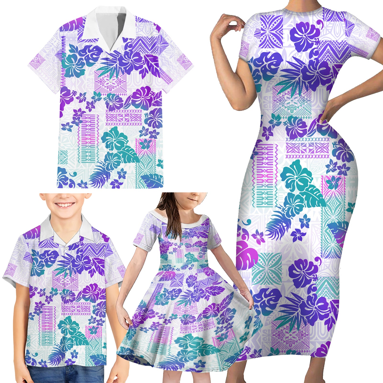 Vintage Hawaii Family Matching Short Sleeve Bodycon Dress and Hawaiian Shirt Hibiscus Tapa Tribal With Hawaiian Quilt Pattern Purple - Wonder Print Shop