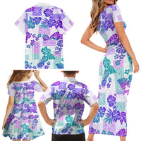 Vintage Hawaii Family Matching Short Sleeve Bodycon Dress and Hawaiian Shirt Hibiscus Tapa Tribal With Hawaiian Quilt Pattern Purple - Wonder Print Shop