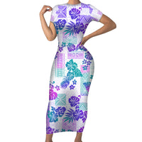 Vintage Hawaii Family Matching Short Sleeve Bodycon Dress and Hawaiian Shirt Hibiscus Tapa Tribal With Hawaiian Quilt Pattern Purple - Wonder Print Shop