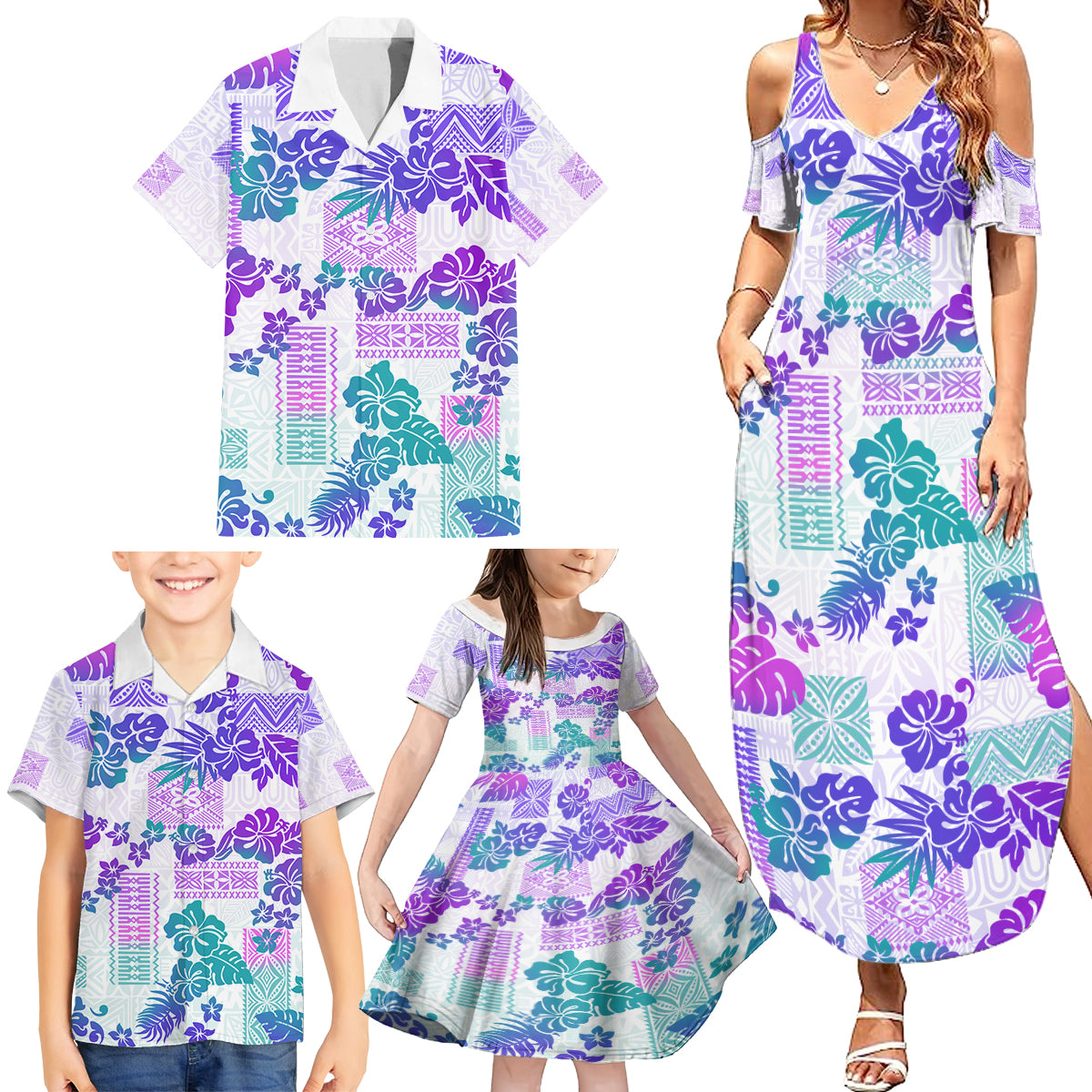 Vintage Hawaii Family Matching Summer Maxi Dress and Hawaiian Shirt Hibiscus Tapa Tribal With Hawaiian Quilt Pattern Purple - Wonder Print Shop