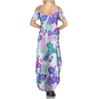 Vintage Hawaii Family Matching Summer Maxi Dress and Hawaiian Shirt Hibiscus Tapa Tribal With Hawaiian Quilt Pattern Purple - Wonder Print Shop