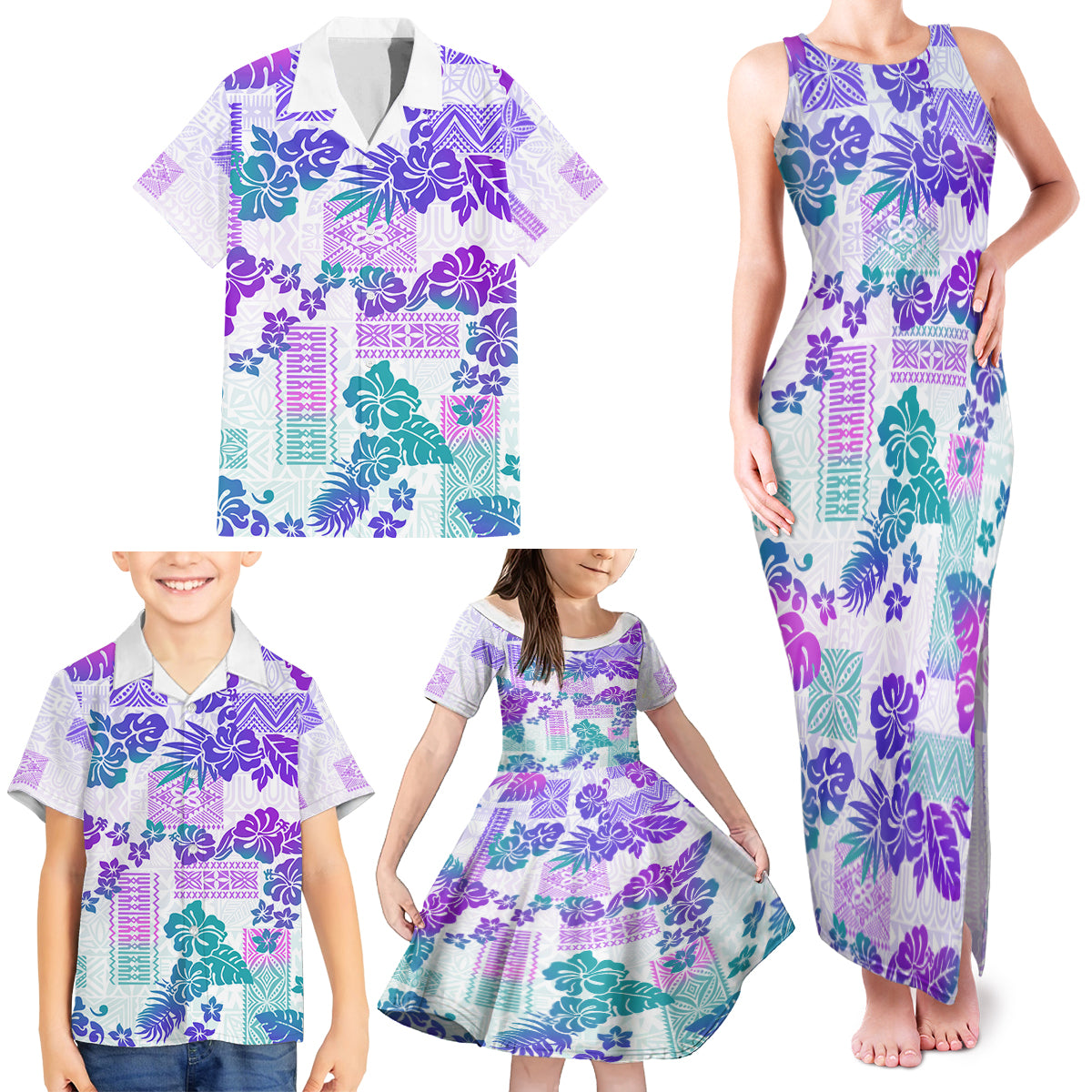 Vintage Hawaii Family Matching Tank Maxi Dress and Hawaiian Shirt Hibiscus Tapa Tribal With Hawaiian Quilt Pattern Purple - Wonder Print Shop