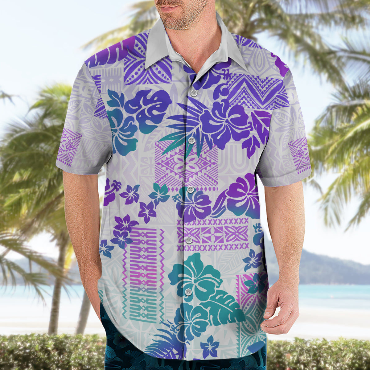 Vintage Hawaii Hawaiian Shirt Hibiscus Tapa Tribal With Hawaiian Quilt Pattern Purple - Wonder Print Shop