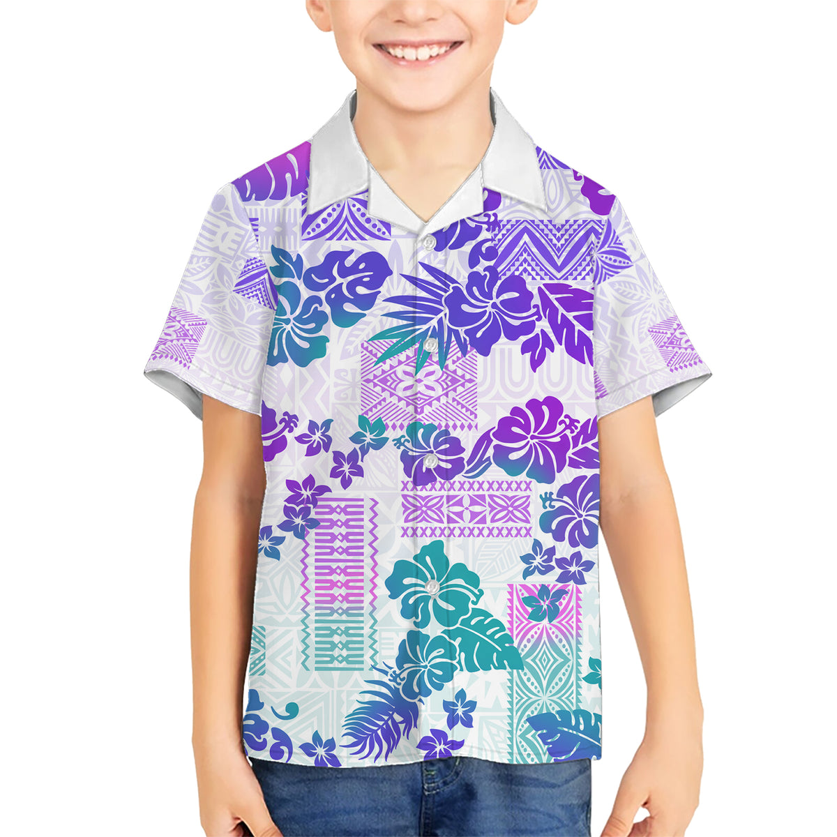 Vintage Hawaii Kid Hawaiian Shirt Hibiscus Tapa Tribal With Hawaiian Quilt Pattern Purple - Wonder Print Shop