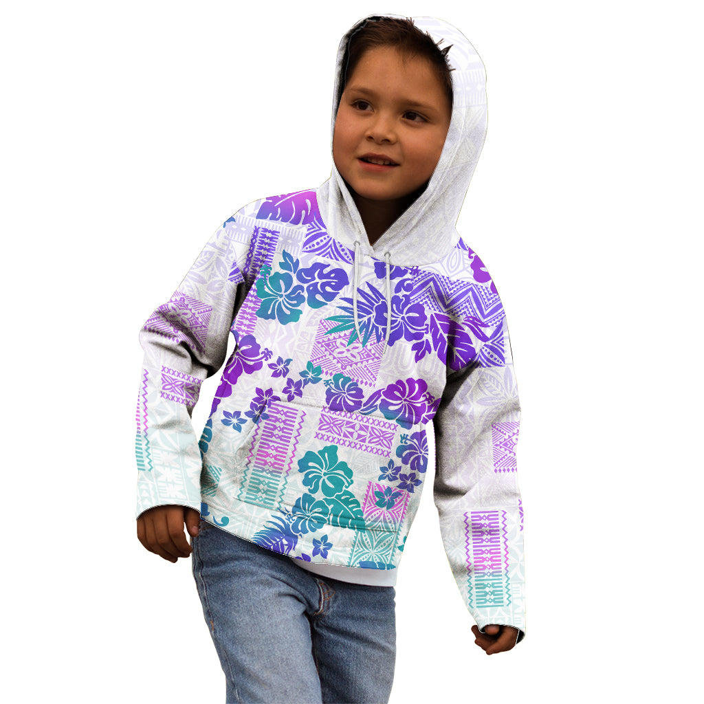 Vintage Hawaii Kid Hoodie Hibiscus Tapa Tribal With Hawaiian Quilt Pattern Purple - Wonder Print Shop